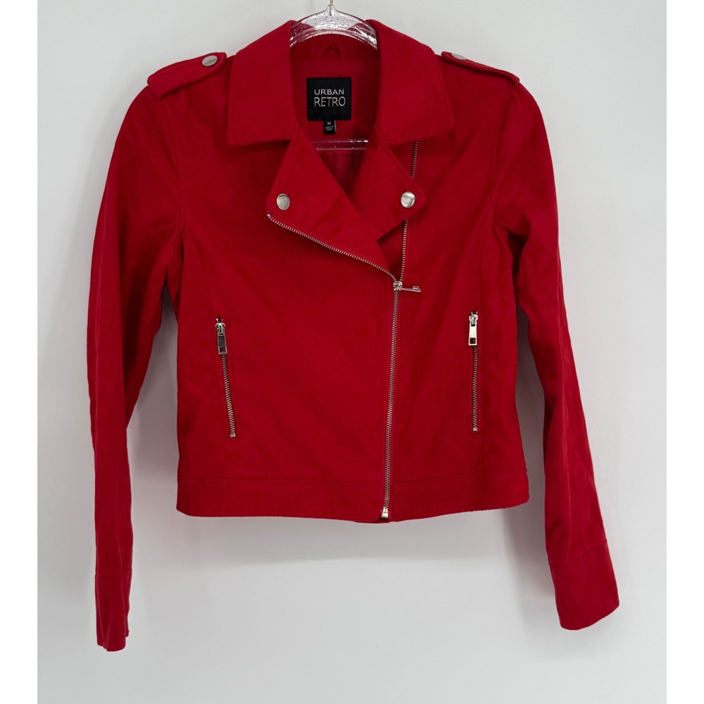 Urban Retro Womens Red Faux Suede Moto Biker Jacket Asymmetric Zip Pocket Sz M